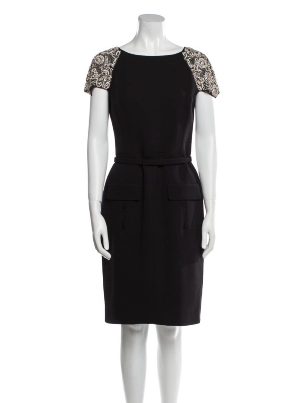 Oscar de la Renta Black Midi Dress with Beaded Shoulders